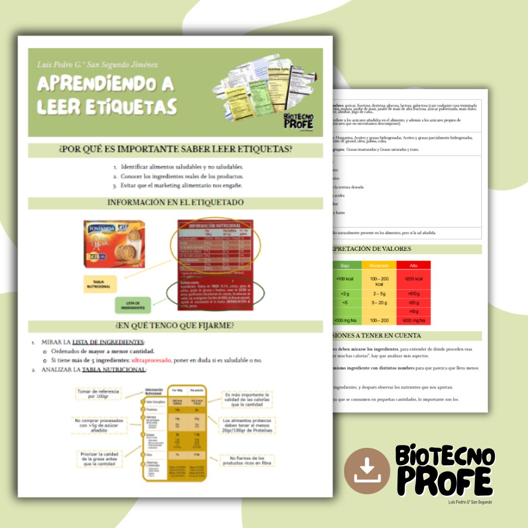 BiotecnoProfe's tweet photo. He preparado esta #guía sencilla y cómoda para que el alumnado de 3º de ESO pueda aprender a leer etiquetas y a diferenciar un alimento #saludable de otro que no lo es 🔎.

🔗 La tenéis para descargar en el enlace de la Bio. ¡Qué aproveche! https://t.co/QLriNMik3j