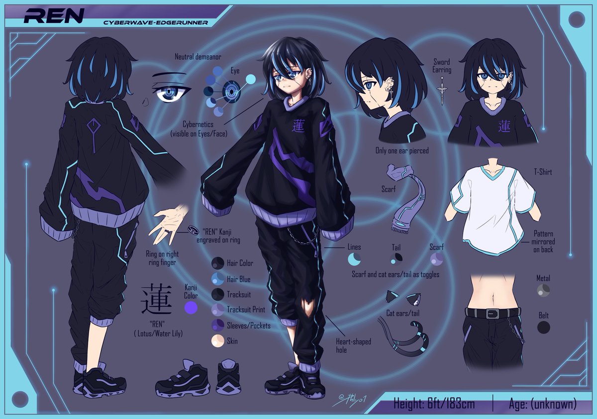 [Bio] OC done by @Phlyo1 Name: Ren Age: unknown Height: 165cm Hair color: Black with blue highlights Eye color: Multiple shades of blue with black inner eyes Outfit preferences: Oversized hoodie, torn pants, oversized shirt under hoodie, Running shoes Favorite color: Purple