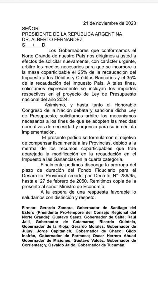 Los Diez Gobernadores de la Región del Norte Grande Argentino, hemos presentado en el día de la fecha, al Presidente de la Nación, la reiteración del pedido, oportunamente realizado a través del Ministerio de Economía (sigue) ⬇️