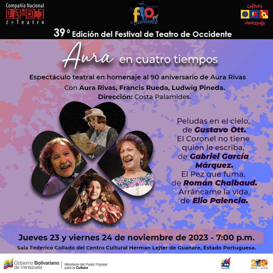 📢La CNT dirá presente en el Festival de Teatro de Occidente🎭 
🗣️Este miércoles 22 al 26 de noviembre, se presentará  en Guanare, estado Portuguesa, un par de producciones teatrales del elenco estable: “Santa Sepultura” y “Aura en cuatro tiempos”.
#VenezuelaenEscena