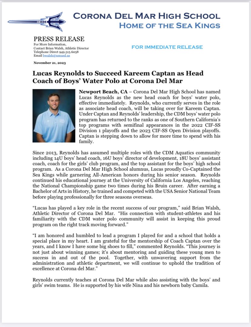 CDM ATHLETICS (@cdm_athletics) on Twitter photo Lucas Reynolds to Succeed Kareem Captan as Head Coach of Boys’ Water Polo Program
<a href="/ocvarsity/">ocvarsity</a> <a href="/ocvarsityguy/">Dan Albano</a> <a href="/ocsportszone/">OC Sports Zone</a> <a href="/teranrodriguez1/">Teran Rodriguez</a> <a href="/mjszabo/">Matt Szabo</a> <a href="/andrewturnertcn/">Andrew Turner</a> <a href="/thedailypilot/">The Daily Pilot</a> <a href="/latsondheimer/">eric sondheimer</a> Lucas Reynolds to Succeed Kareem Captan as Head Coach of Boys’ Water Polo Program
<a href="/ocvarsity/">ocvarsity</a> <a href="/ocvarsityguy/">Dan Albano</a> <a href="/ocsportszone/">OC Sports Zone</a> <a href="/teranrodriguez1/">Teran Rodriguez</a> <a href="/mjszabo/">Matt Szabo</a> <a href="/andrewturnertcn/">Andrew Turner</a> <a href="/thedailypilot/">The Daily Pilot</a> <a href="/latsondheimer/">eric sondheimer</a>