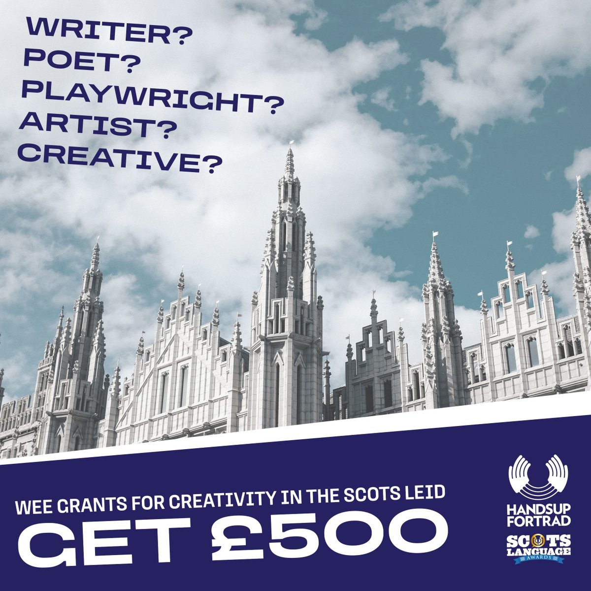 £500 for yer Scots Language project? Get yer application in noo: 

projects.handsupfortrad.scot/scotslanguagea…  

The Wee Grants for Creativity in the Scots Leid has up tae £500 tae gie tae yer project! Aw Scots dialects an aw creative practices welcome.