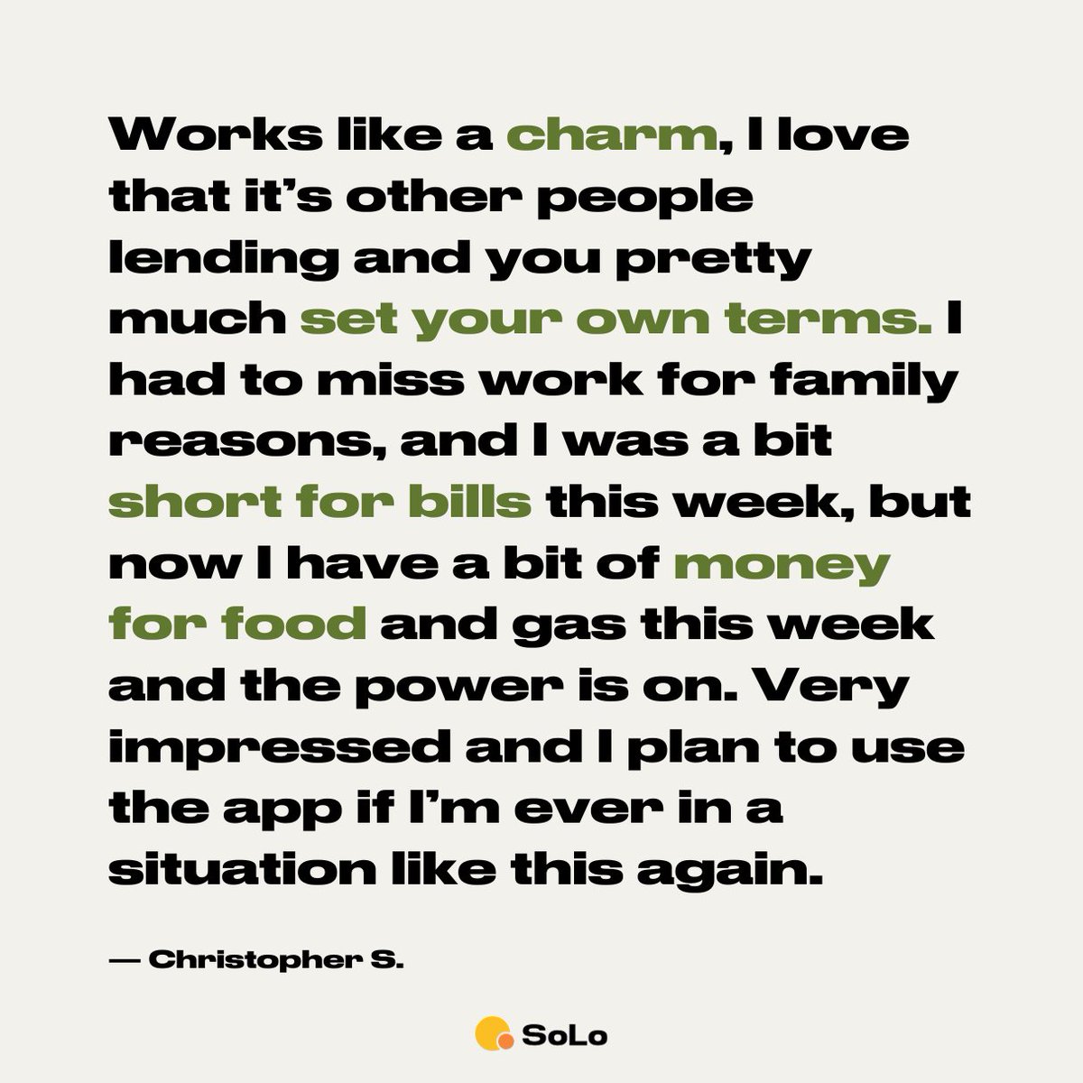 Real people, real stories 🙌🏽 . Meet Christopher, who found timely support on SoLo when life threw a curveball. He appreciated setting his own terms and receiving help from real people, ensuring he could manage his bills and keep food and gas for the week.