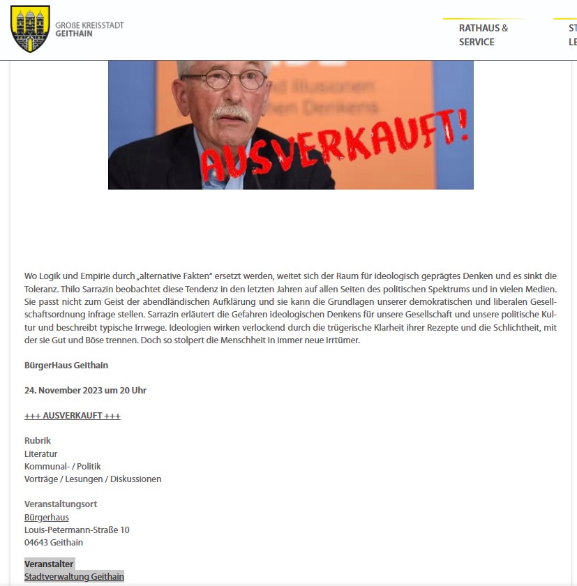 Krass, die Stadtverwaltung in #Geithain im Landkreis #Leipzig veranstaltet am 24. November 2023 eine Lesung mit dem Rassisten Thilo Sarrazin. Hat in Sachsen die AfD schon die Macht übernommen oder was?