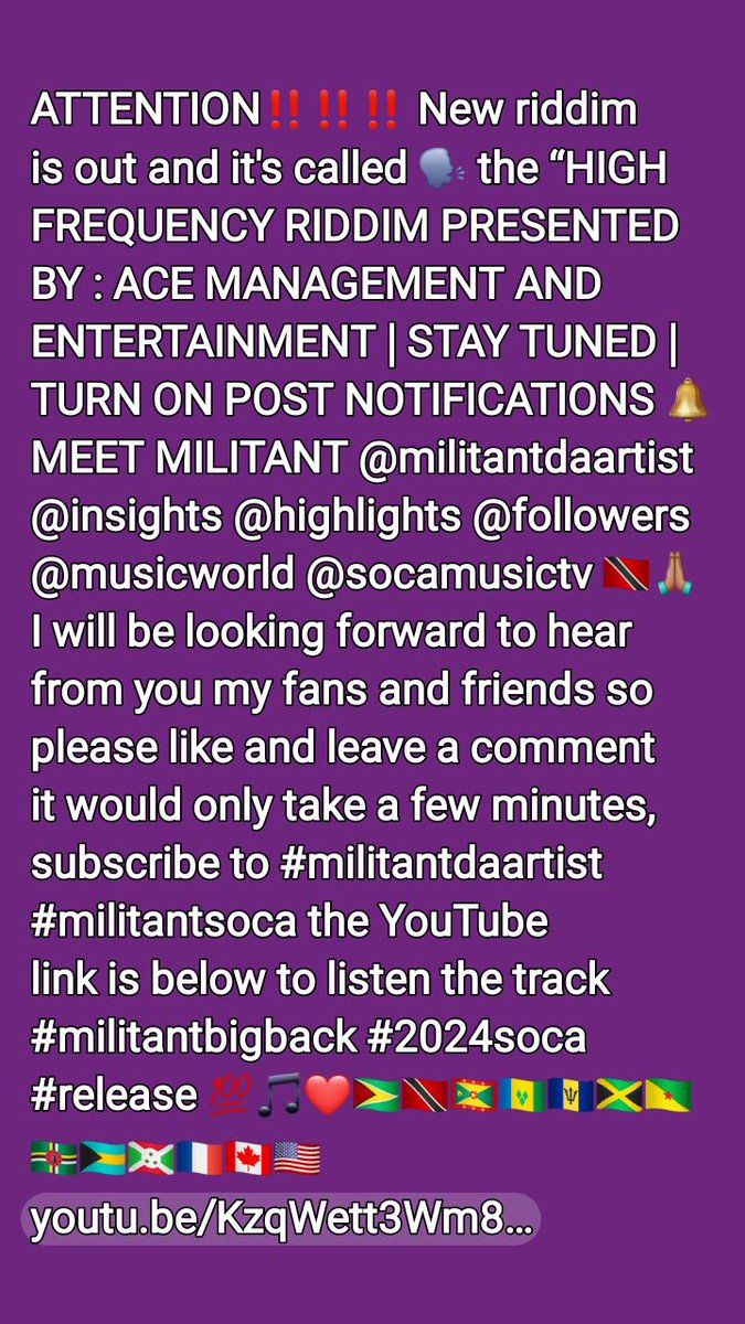 mili75757's tweet photo. ATTENTION‼️‼️‼️ New riddim is out and it's called 🗣️ the “HIGH FREQUENCY RIDDIM PRESENTED BY : ACE MANAGEMENT AND ENTERTAINMENT | STAY TUNED | TURN ON POST NOTIFICATIONS 🔔  MEET MILITANT  @militantdaartist @insights @highlights @followers @musicworld #bigredproductions https://t.co/LqV2SmRYKy