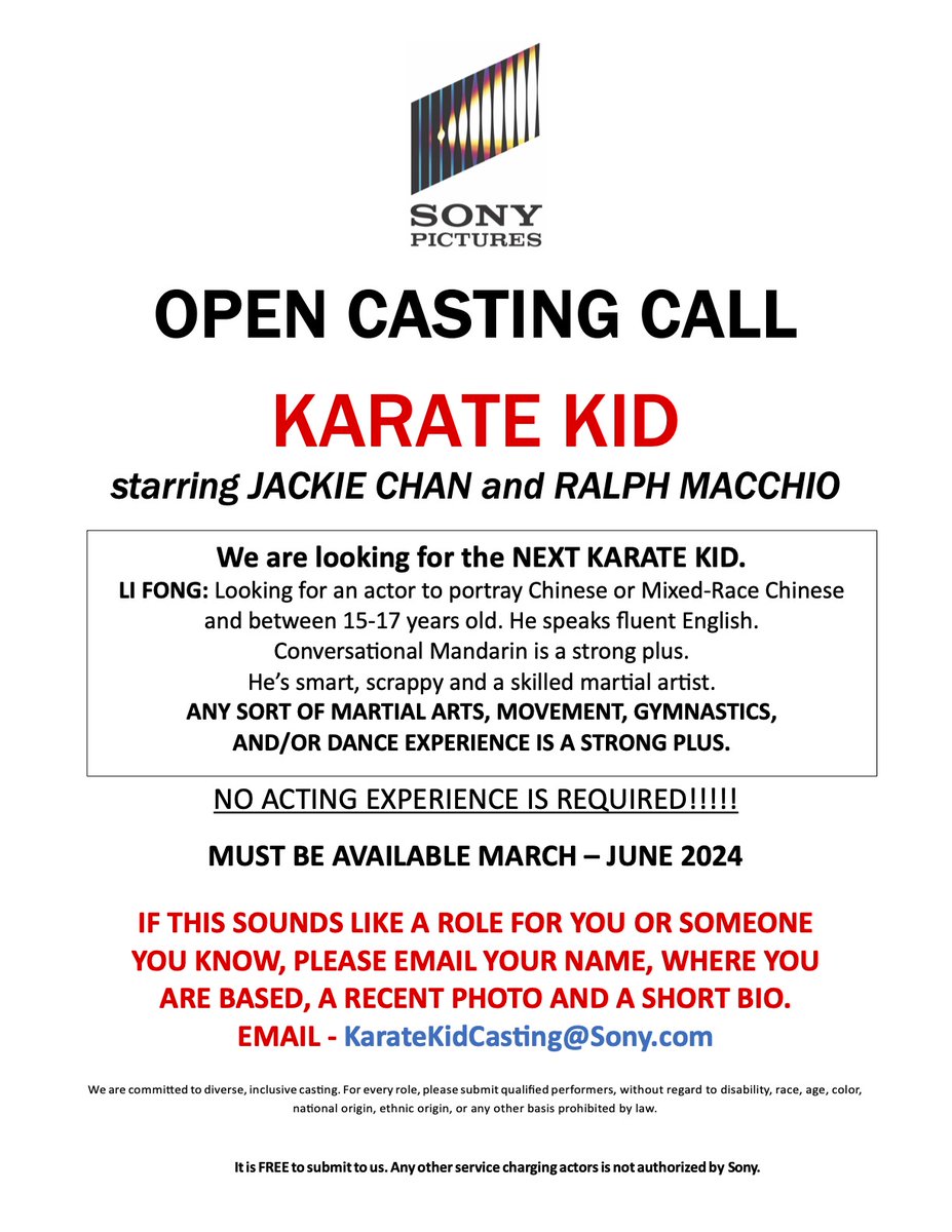 CASTING CALL: Looking for the next Karate Kid! To apply, please email your name, where you are based, a recent photo and a short bio to karatekidcasting@sony.com Please share to anyone you think this might be suited to 🥋⚡️