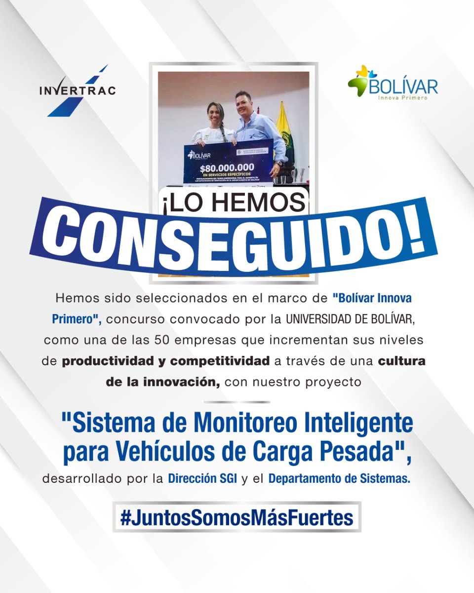 Invertrac_Col's tweet photo. ¡Hemos sido seleccionados! por la Universidad de Bolivar, como una de las 50 empresas que incrementan sus niveles de productividad y competitividad a través de una cultura de la innovación.
·
https://t.co/Aj6fWpjwnF
·
#SomosInvertrac #Invertrac #JuntosSomosMasFuertes https://t.co/iTRRpHTg6r