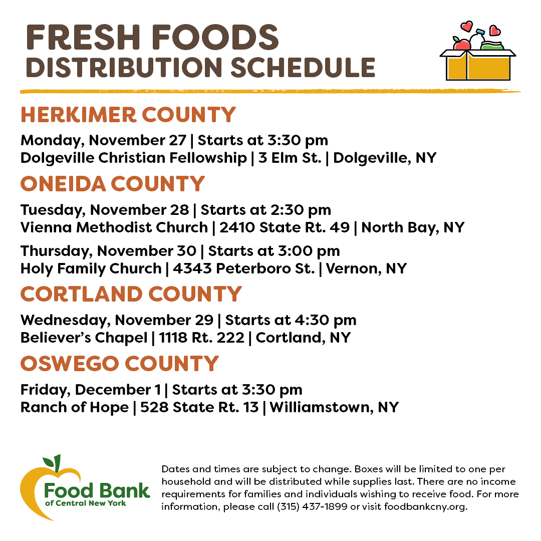 FoodBankofCNY's tweet photo. Looking for fresh food items at no cost? Here's this week's distribution schedule:

🚛: Our Mobile Food Pantry will be in #Preble, #PortByron, and #Camden.

🍎: Food Bank partner agencies are hosting distributions in #Dolgeville, #NorthBay, #Vernon, #Cortland and #Williamstown. https://t.co/DeP29sJDuv