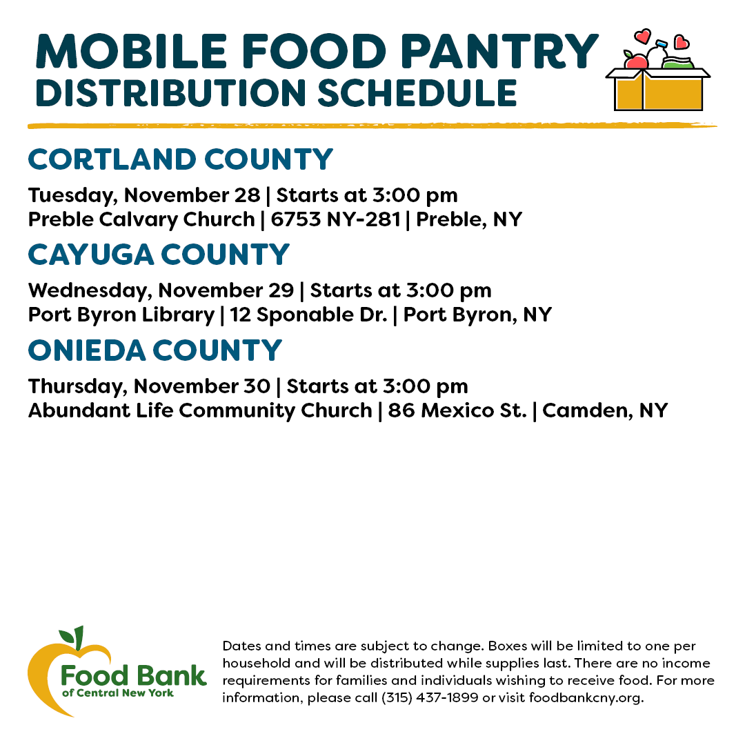 FoodBankofCNY's tweet photo. Looking for fresh food items at no cost? Here's this week's distribution schedule:

🚛: Our Mobile Food Pantry will be in #Preble, #PortByron, and #Camden.

🍎: Food Bank partner agencies are hosting distributions in #Dolgeville, #NorthBay, #Vernon, #Cortland and #Williamstown. https://t.co/DeP29sJDuv