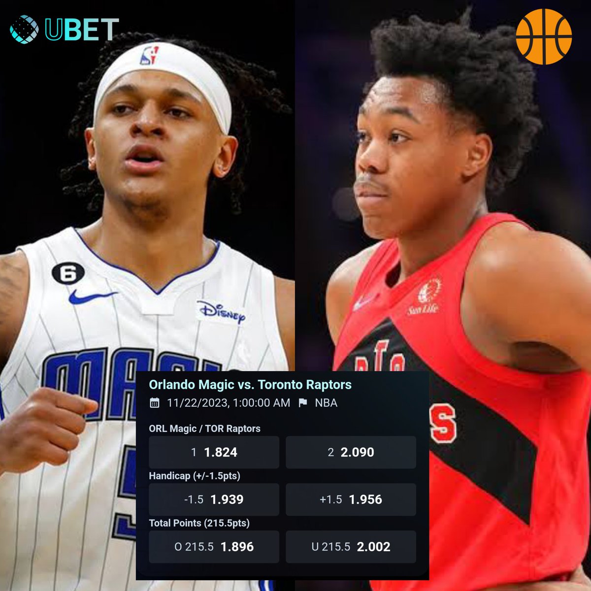 UBET__Sports's tweet photo. ๐ Magic vs. Raptors!
This is going to be a tight game.
Who are you backing at full-time?
๐ฒ Make your predictions โคต๏ธ
๐ https://t.co/y0uBZWK6Hz
#MagicvsRaptors #NBA #NBAPicks #nbabets #NBAX #NBAInSeasonTournament https://t.co/EVn2S49PfE