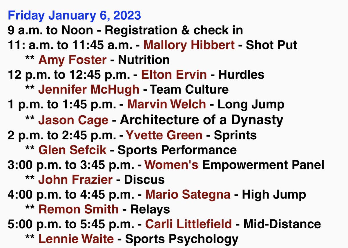 TTFCA (@ttfca) on Twitter photo 14 Presentations on Friday ALONE!
Split your staffs and learn from some of the best in the world!
<a href="/AngryHalfMiler/">Coach SWERV M.Ed. R.A.A</a> <a href="/TexasTrackDad/">Vance Johnson-TexasTrackDad Podcast 🎙</a> <a href="/coach_dolce/">Ychlindria Spears Dolce</a> <a href="/TXMileSplit/">Texas MileSplit</a> <a href="/jrichardsNORTH/">Coach Richards</a> <a href="/coach_edmonson/">Coach Lewis Edmonson M.Ed.</a> <a href="/coachlinscomb14/">Lyle Linscomb</a> <a href="/gregwilliams_1/">Greg Williams</a>
Hotel and Registration Form Info - ttfca.org/blank-c1v4j 14 Presentations on Friday ALONE!
Split your staffs and learn from some of the best in the world!
<a href="/AngryHalfMiler/">Coach SWERV M.Ed. R.A.A</a> <a href="/TexasTrackDad/">Vance Johnson-TexasTrackDad Podcast 🎙</a> <a href="/coach_dolce/">Ychlindria Spears Dolce</a> <a href="/TXMileSplit/">Texas MileSplit</a> <a href="/jrichardsNORTH/">Coach Richards</a> <a href="/coach_edmonson/">Coach Lewis Edmonson M.Ed.</a> <a href="/coachlinscomb14/">Lyle Linscomb</a> <a href="/gregwilliams_1/">Greg Williams</a>
Hotel and Registration Form Info - ttfca.org/blank-c1v4j