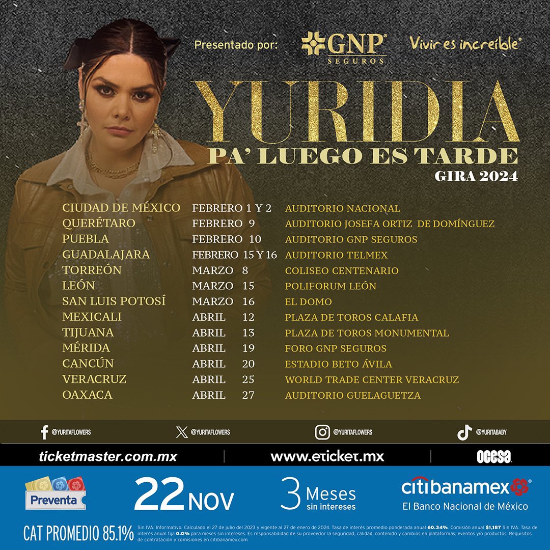 ailoviutl's tweet photo. 🚨 ANUNCIO OFICIAL 🚨

Yuridia 🎤 Pa’ Luego Es Tarde Gira 🎤

1 y 2 de Febrero del 2024 🗓️
Auditorio Nacional 🏟️
CDMX 📍

15 y 16 de Febrero del 2024 🗓️
Auditorio Telmex 🏟️
Guadalajara GDL📍

Querétaro, Puebla, Torreón, León, San Luis Potosí, Mexicali, Tijuana, Mérida, Cancún, Veracruz y Oaxaca.

🎫 Fechas de Preventa 🎫

22/11 Preventa Citibanamex 11:00 AM
23/11 Venta General 11:00 AM

🎟️ Precios de Boletos En Breve 🎟️

#Yuridia #PaLuegoEsTarde #Gira2024