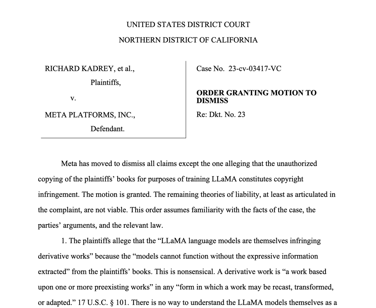 Judge dismisses most claims in the Sarah Silverman AI copyright case against Meta (with leave to amend except for negligence). storage.courtlistener.com/recap/gov.usco…