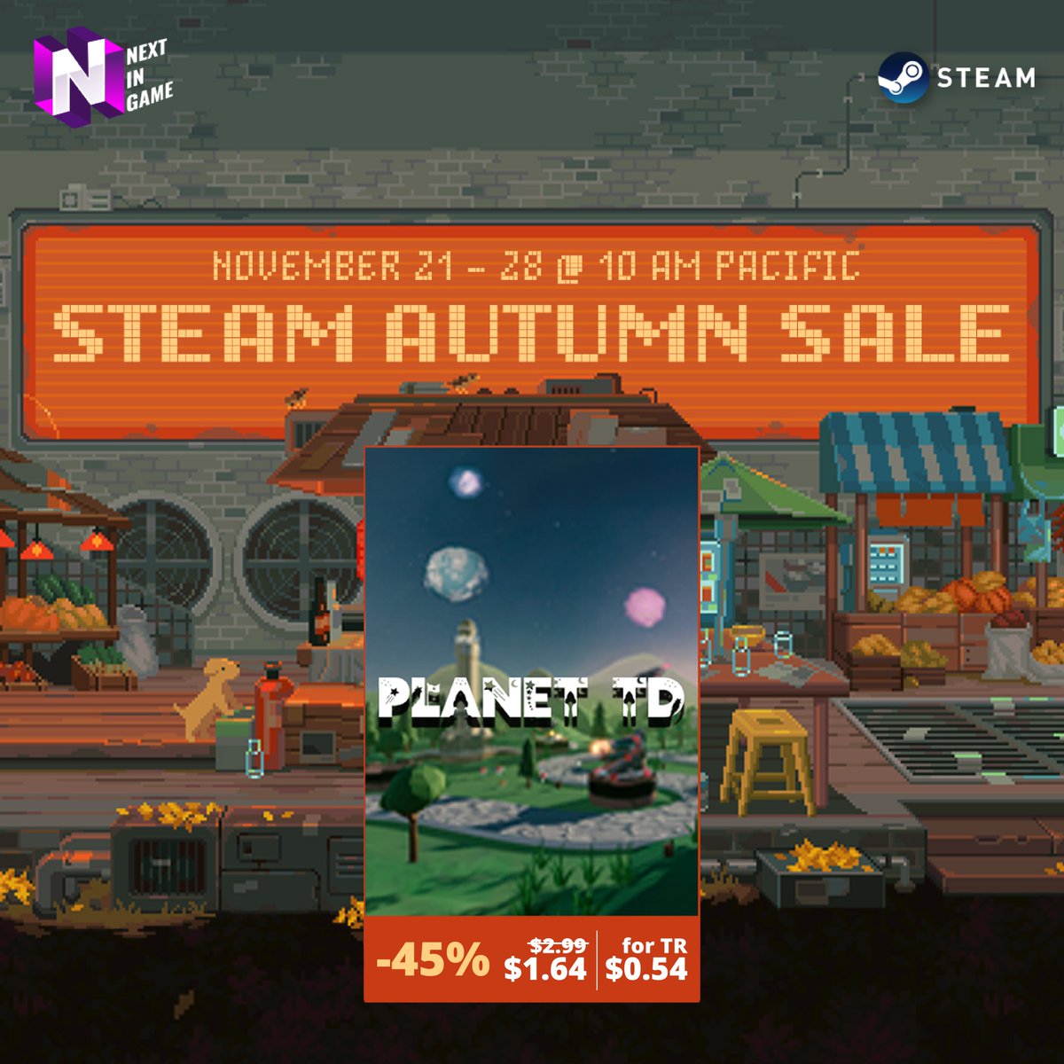 nextingametr's tweet photo. Prepare to delight in the serene atmosphere of the Steam Autumn Sale! 🍂🌾
Enjoy the seasonal gaming vibe with our great offers! ➡️✨
#steam #nextingame #gamingdiscounts #indiegame #indiedev #steamautumnsale https://t.co/k3fPUgeucB
