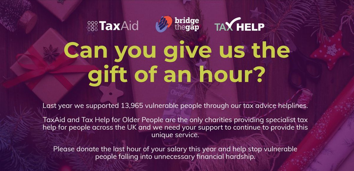 TaxAid and Tax Help for Older People are the only charities providing specialist tax help for people across the UK and we need your support to continue to provide this unique service. Please donate to our joint fundraising campaign at buff.ly/47CoiXH. Thank you.