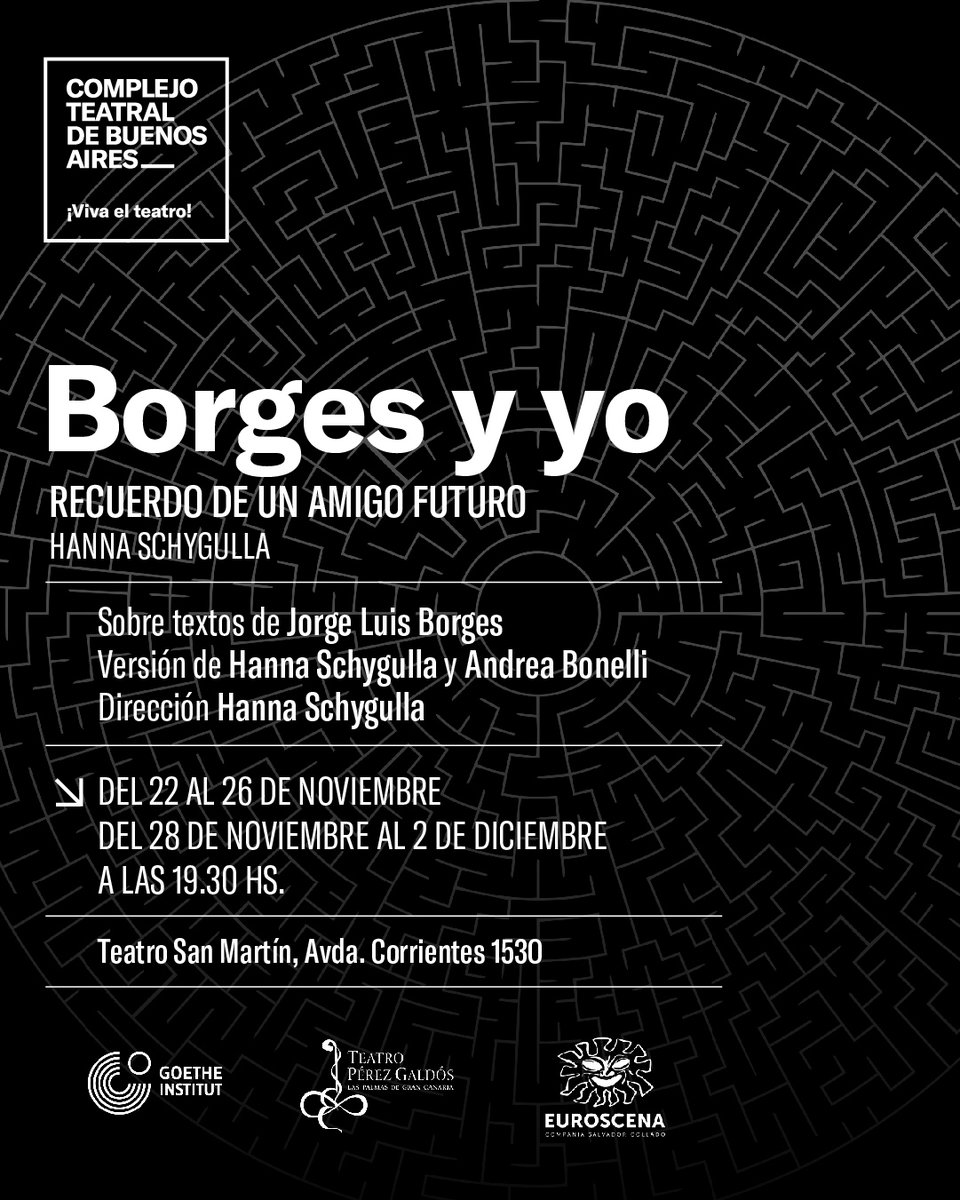 elSanMartinCTBA's tweet photo. Un mundo de laberintos en que los seres transitan por misterios que quizás nunca lleguen a develarse.  BORGES Y YO - RECUERDO DE UN AMIGO FUTURO Hanna Schygulla sobre textos de Jorge Luis Borges Versión y dirección  de Hanna Schygulla y Andrea Bonelli https://t.co/wy9RQmEUru