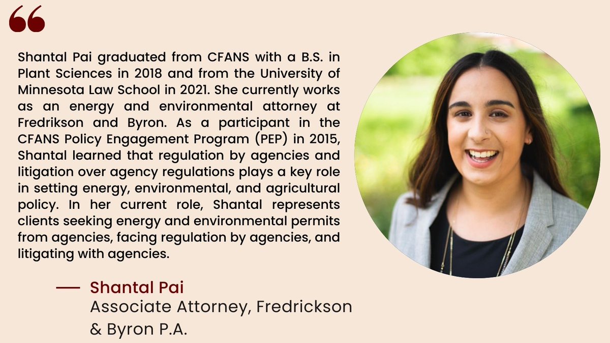 cfanspep's tweet photo. Our Alumni Spotlight for this week is Shantal Pai. As a 2015 PEP and 2018 CFANS alum, she recently transitioned to an energy attorney position at Fredrikson &amp; Byron P.A. We're fortunate to share what she and many other PEP/CFANS alumni have gone on to achieve! @ShantalPai https://t.co/kRf90WNk0o