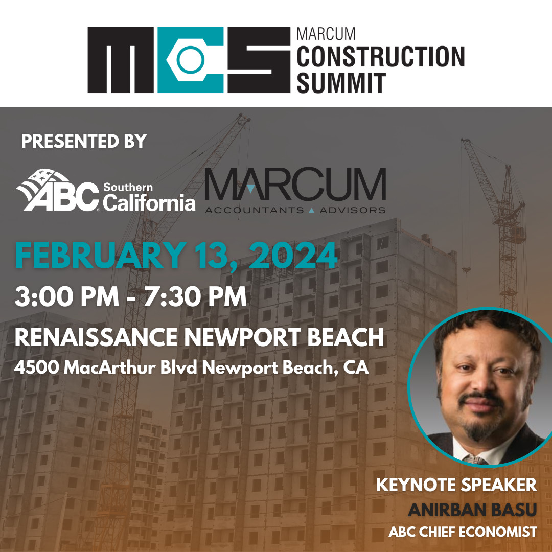 Save the date for 2/13/24 for the Construction Summit!

#ABCSoCal is dedicated to updating our member contractors on the economic state of the construction industry. Get the latest info from ABC Chief Economist, Anirban Basu.

Register: marcumevents.com/events/marcum-…

#ABCMeritShopProud