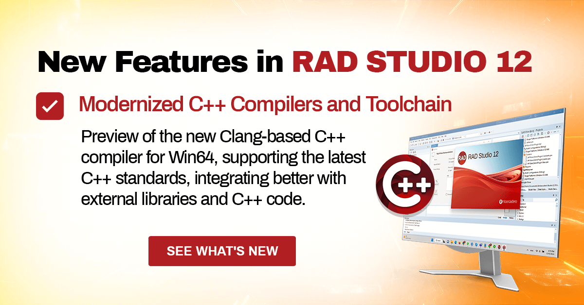 EmbarcaderoTech's tweet photo. NEW in #RADStudio12:  Preview of the new Clang-based C++ compiler for Win64, supporting the latest C++ standards, integrating better with external libraries and C++ code.

Learn more: https://t.co/H8jTzVK7Eu

#Clang #developers #RADStudio #C++ https://t.co/JTd2UQbaTE