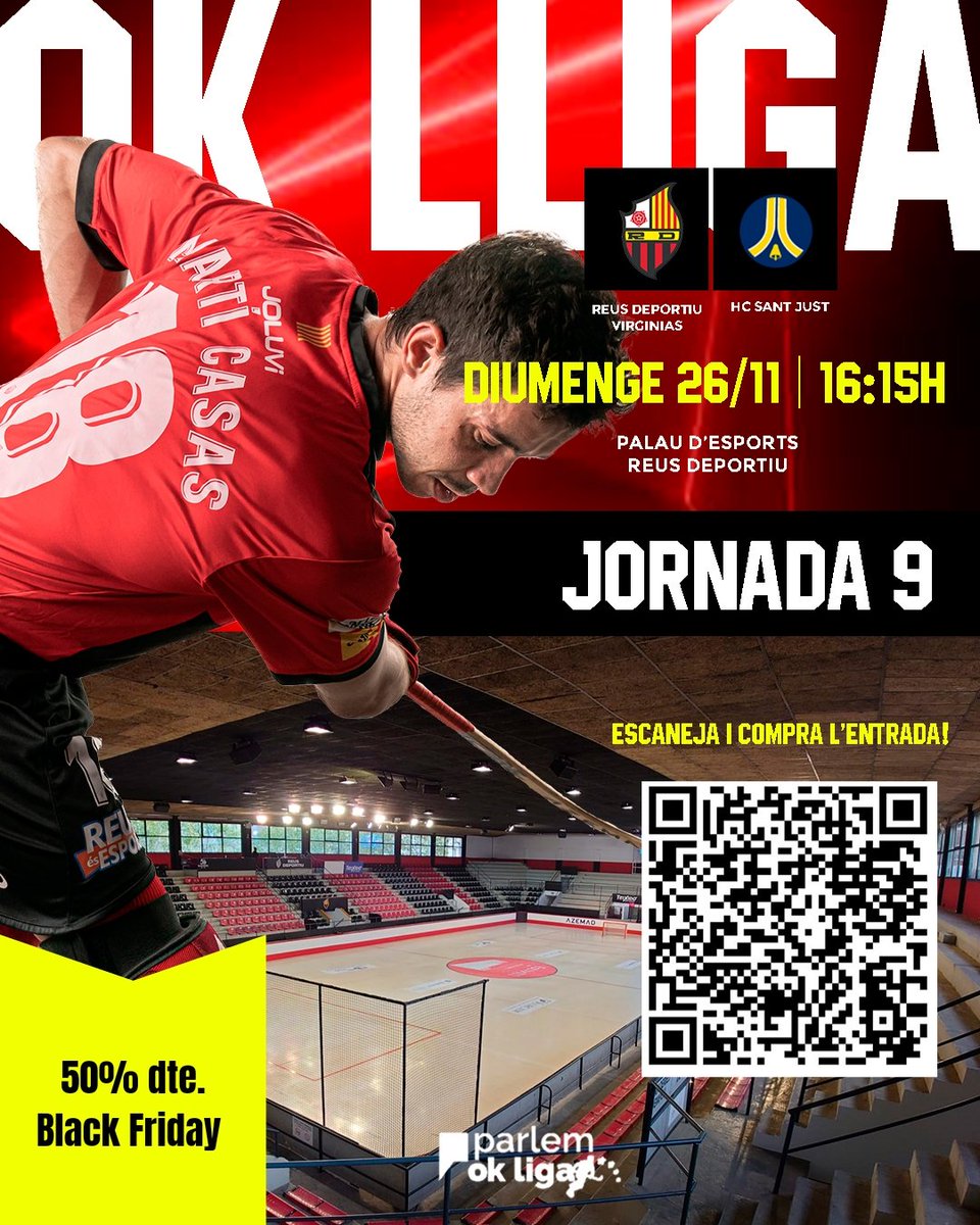 🏑🏟 Afició, diumenge juga el Reus Deportiu <a href="/Es_Virginias/">Virginias</a>  ! 

⚔️ <a href="/HCSantJust/">HC SANT JUST</a> (Jornada 9 <a href="/okliga_oficial/">OK Liga</a> )

🎟 Adquireix l'abonament de temporada | Compra l'entrada a recepció amb descompte pel Black Friday | Compra l'entrada online 

eventbrite.es/e/entradas-reu…

#ForçaReus