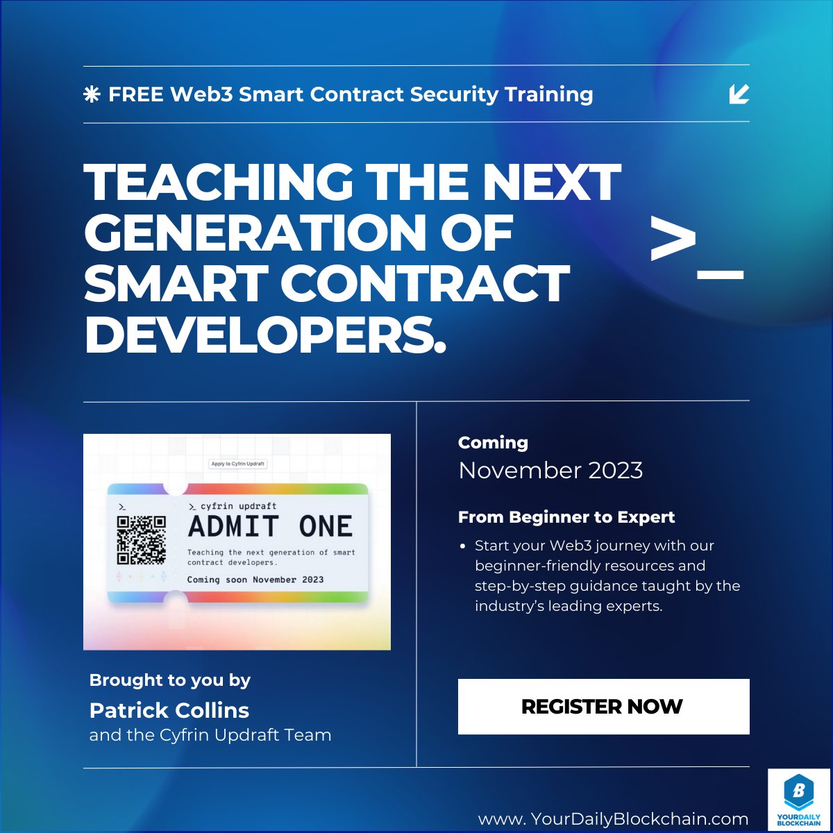 ✅ Want to Jumpstart Your Web3 Career ✅

Jump into Cyfrin Updraft's FREE Smart Contract Security Training

Type 'Web3' below and register for FREE to get early access:

#smartcontracts #blockchaineducation #YourDailyBlockchain #smartcontractsecurity #web3