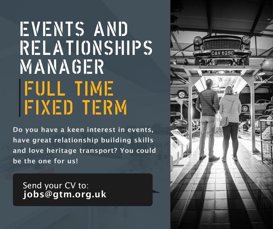 💼  GTM is #hiring !

An exciting opportunity has arisen for the role of Events and Relationships Manager.
For more details, follow the link to view the vacancy in full.
buff.ly/3MQjMfs 
#grampiantransportmuseum #ukjobs #aberdeen
#aberdeenshire
