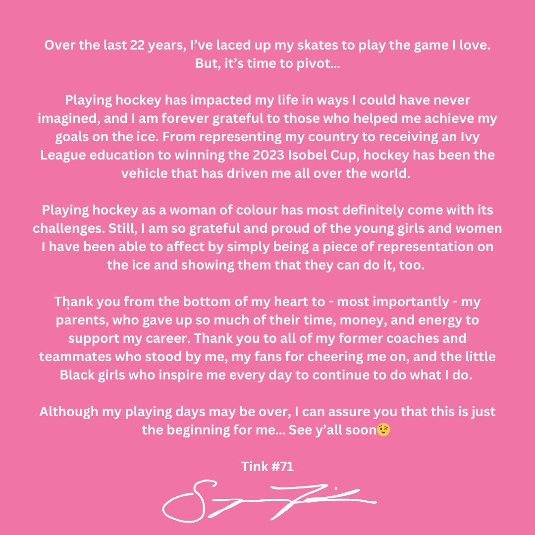 Here at BGHC Canada, we would like to congratulate our Executive Director, Saroya Tinker on a fantastic playing career! We know she will continue to advocate for Black women in Hockey &amp; can’t wait to see what’s next for our fearless leader! Thank you &amp; Congratulations, Saroya!👸🏽