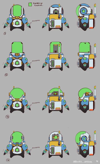 With a new style defined, it was worth looking at the character design and revisiting components to combine them into one coherent aesthetic. This concept was the process of rejigging the helmet. (Astronimo Concept Art)