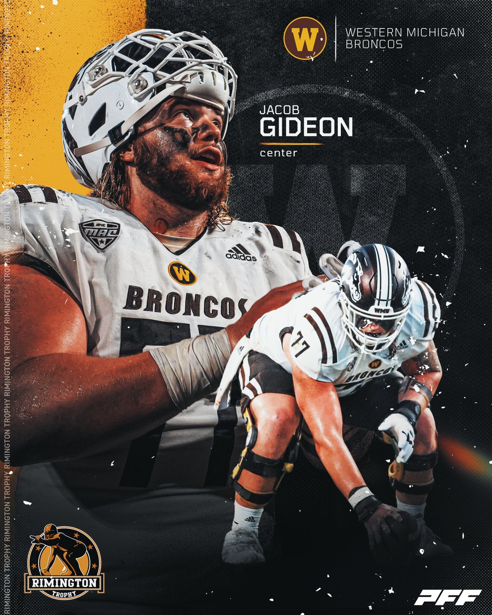 Jacob Gideon, @WMU_Football : 🏈 88.5 @pffcollege pass blocking grade in 2023 (3rd highest among FBS centers) 🏈 77.5 PFF run blocking grade in 2023 (7th highest among FBS centers) 🏈 Has only allowed 1 sack in 2023 across 452 pass blocking snaps #rimingtonwatchlist