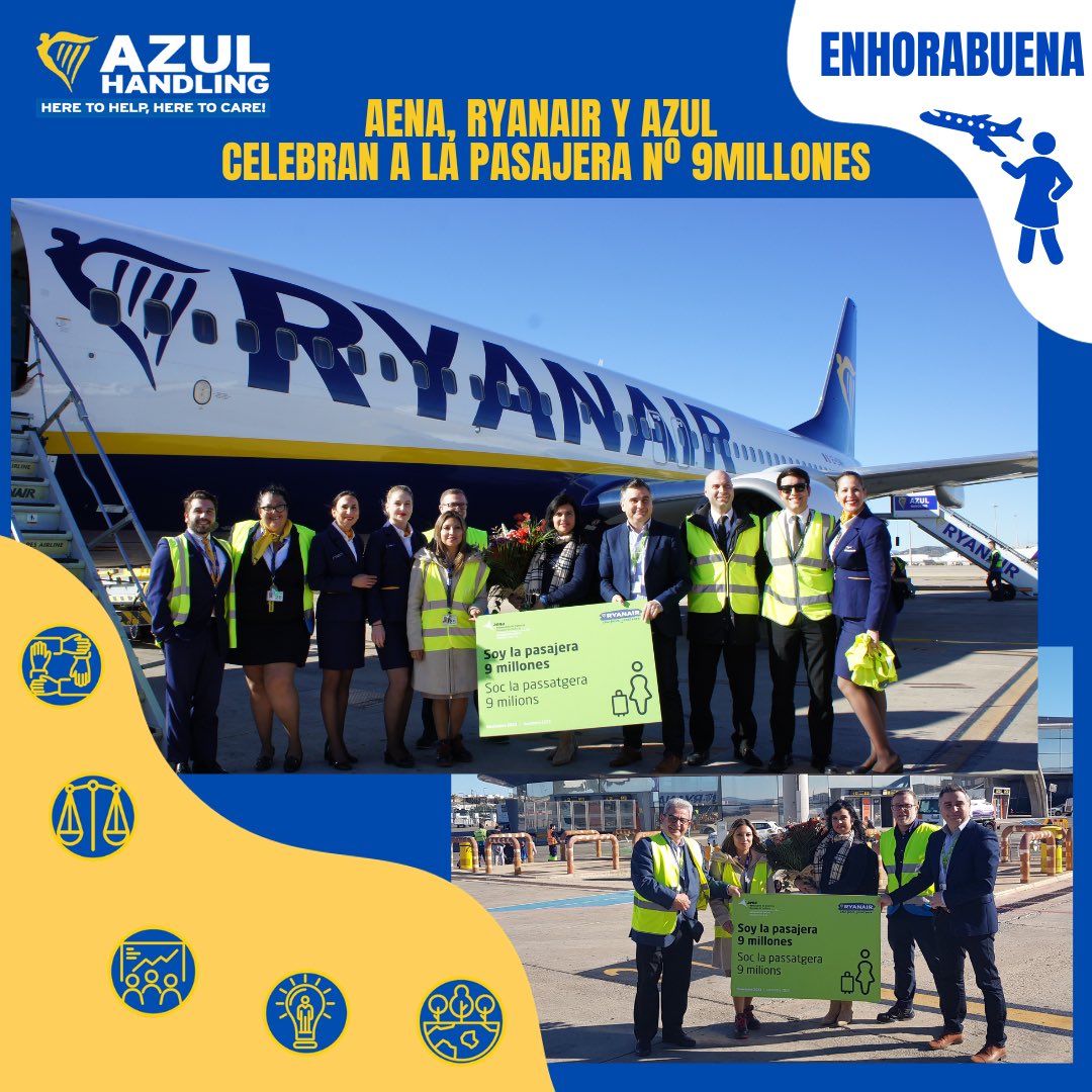 Es un placer compartir que <a href="/aena/">Aena</a> , en el Aeropuerto de #Valencia, ha organizado una celebración especial para el pasajero número 9 millones de un vuelo de @ryanair, al ser la compañía con más tráfico aéreo.
#theazulway #heretohelpheretocare #fivepillars #OneVision #OneMission