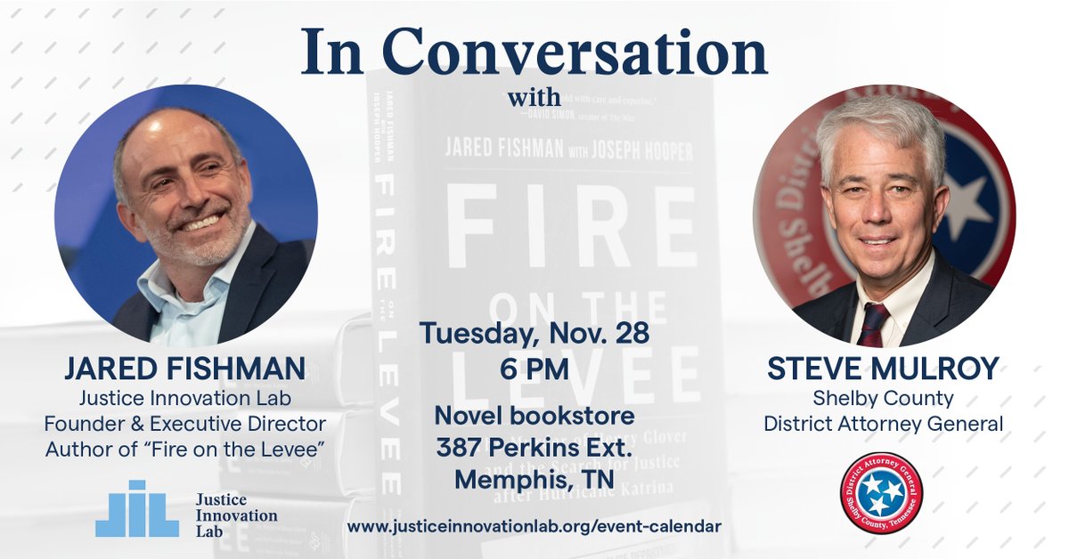 Lab4Justice's tweet photo. IN ONE WEEK! On Tuesday, Nov 28, JIL Exec Dir Jared Fishman will be in conversation with @ShelbyCountyDA Steve Mulroy at @Novelmemphis. This free event starts at 6 PM. We hope you’ll join us!
Find more info here: https://t.co/yWV32RS6cm
#fireonthelevee #memphis #novel https://t.co/A2w29ROfEL