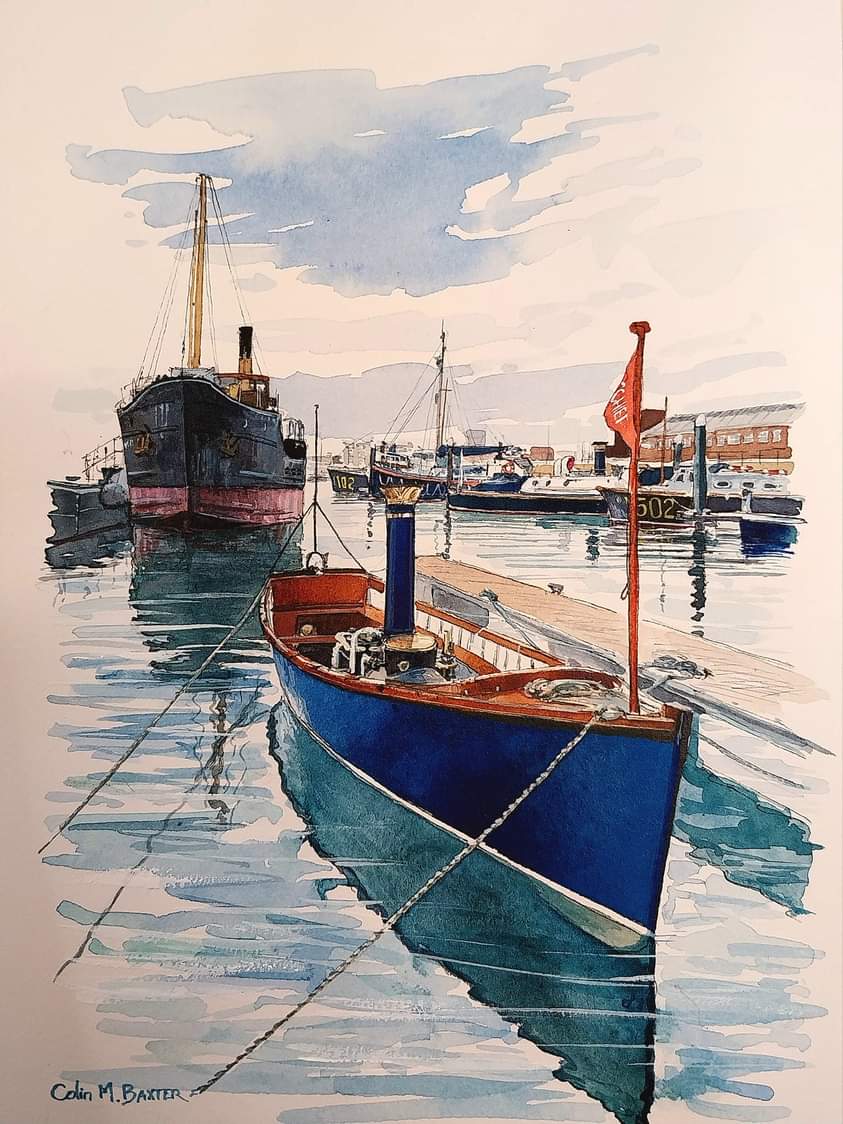 ColinMBaxter's tweet photo. Feel the need , the need for #Steam ! #Mischief #steamcutter438  and #Vic56 @BoatHouse_4 @PHDockyard Open Pontoon day #pinnace199 in there too . @AWenham1 @boathouse_mike @dhartley_NMRN @NatHistShips @ResearchthePast @FemConstruct @OnlyBespokeUK new #watercolour https://t.co/SvvQspNuWX