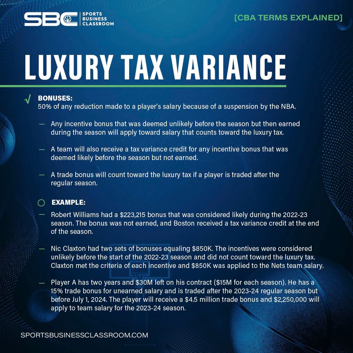 SportsBizClass's tweet photo. We are back with another edition of [CBA Terms Explained].🏀

Swipe left to dive into the world of the CBA as we unravel the significance of the ‘Luxury Tax Variance’.⬅️

Stay tuned for insights &amp; stories you won’t want to miss!📊

#CBAExplained #BreakintoBasketball https://t.co/cOCIDqnZnm