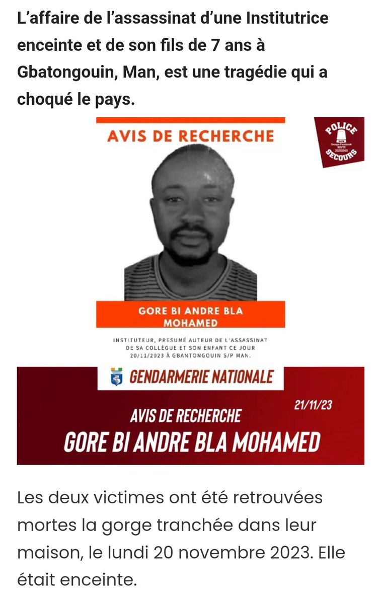 FPISNACOM's tweet image. Le meurtrier de l'institutrice de Gbatongouin et de son enfant à enfin un visage et un nom. Il est activement recherché par la police !
#large_diffusion