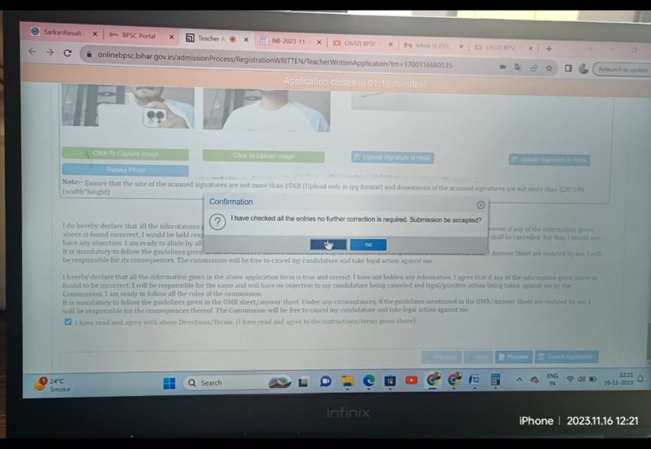 MdTaquee's tweet photo. @atulpmail @NitishKumar @bpsctre2 Bihar candidates are not able to submit the Final BPSC TRE 2 form due to technical glitches. I have been trying for the past one week and waste 15 minutes each 5-6 times. Please ask the website technical team to troubleshoot at the earliest. https://t.co/BPiGhLzWii