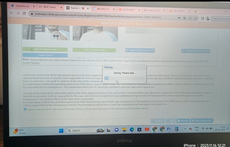 MdTaquee's tweet photo. @atulpmail @NitishKumar @bpsctre2 Bihar candidates are not able to submit the Final BPSC TRE 2 form due to technical glitches. I have been trying for the past one week and waste 15 minutes each 5-6 times. Please ask the website technical team to troubleshoot at the earliest. https://t.co/BPiGhLzWii