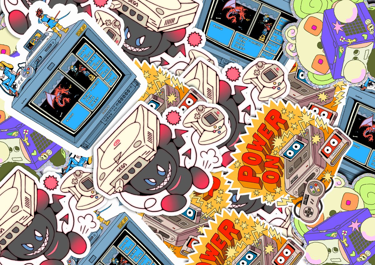 You will get all four of these gorgeous &amp; nostalgic stickers by <a href="/400facts/">StephenMauriceGraham</a>, <a href="/jackteagle/">Jack Teagle</a>, <a href="/helcovell/">Hel Covell</a> &amp; <a href="/grayson_bear/">Grayson Bear</a> for free with your copy of The Console Chronicles – as long as you pre-order before November 26th 📆

Get yours now lostincult.co.uk/the-console-ch…