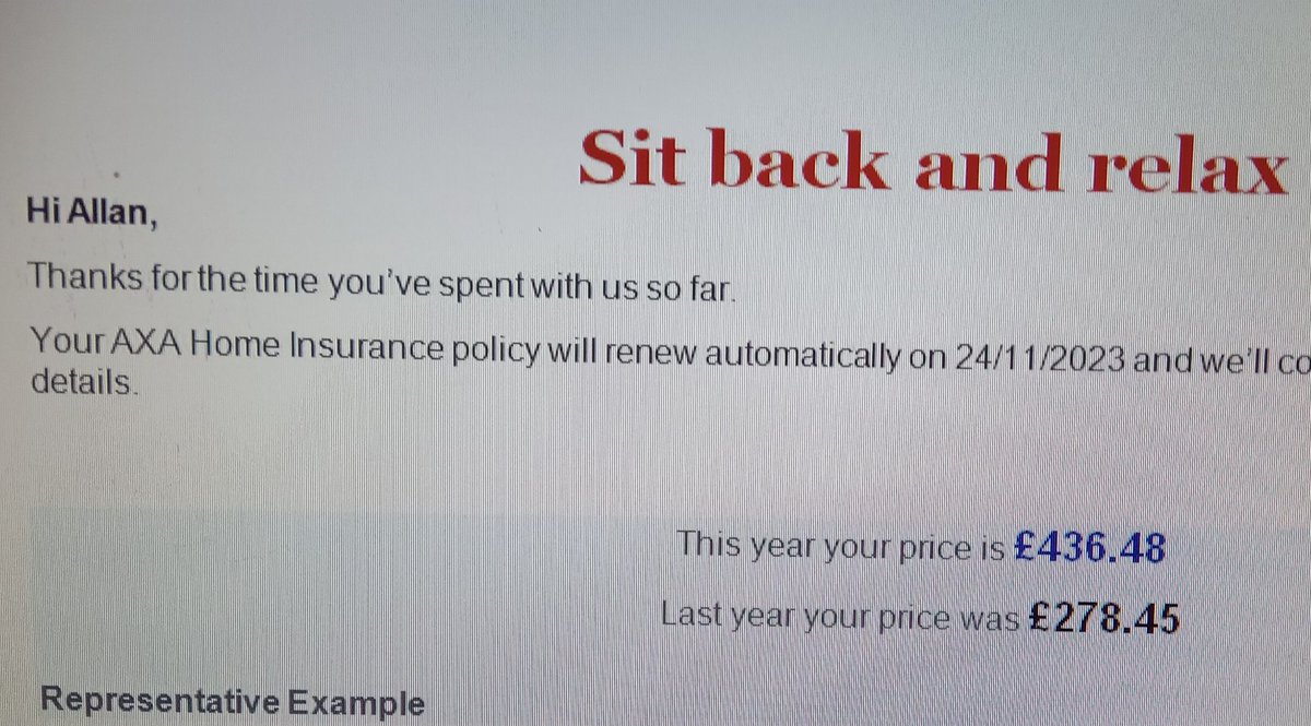 Big_Boss_Al's tweet photo. Complaint - Absolutely furious with @axainsurance renewal Nov 23 £278.45 rises to £436.48 @AXA shareholders can expect a 'bumper' Christmas bonus this year if others don't switch like I had to. What a #AXAFingLiberty #Noclaims #Nolatepayments #Nodisasters Get lost AXA ! https://t.co/aB4qzjJRFS