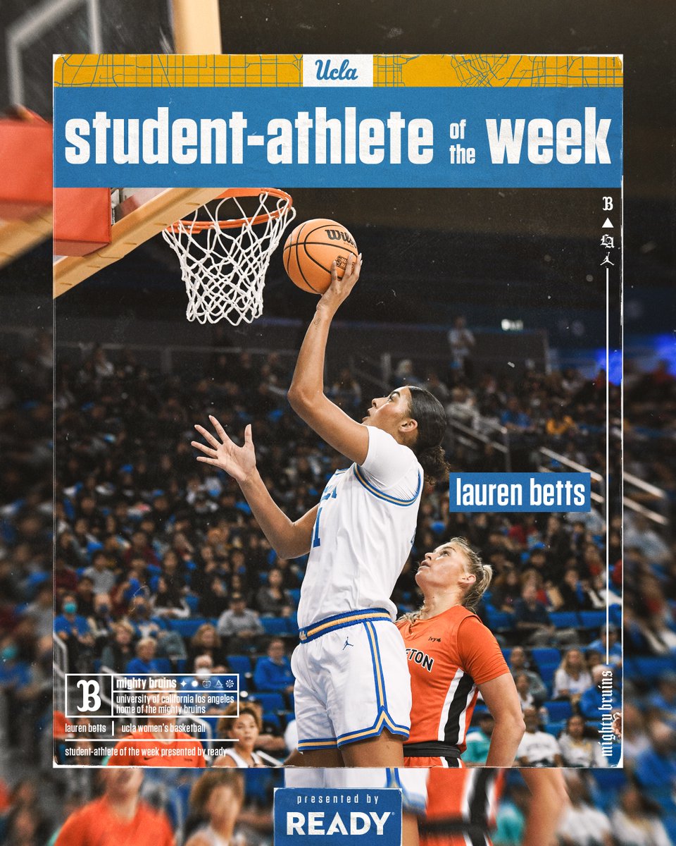 UCLAAthletics's tweet photo. Lauren Betts is your Student-Athlete of the Week!

@laurenbetts12 recorded her third-consecutive double-double in @UCLAWBB's win over Princeton. Betts became the first Bruin since 2000 to score 20+ points on 100% shooting.  

📰: https://t.co/bol03yaWBv 

#GoBruins https://t.co/9uT5IQzqWa