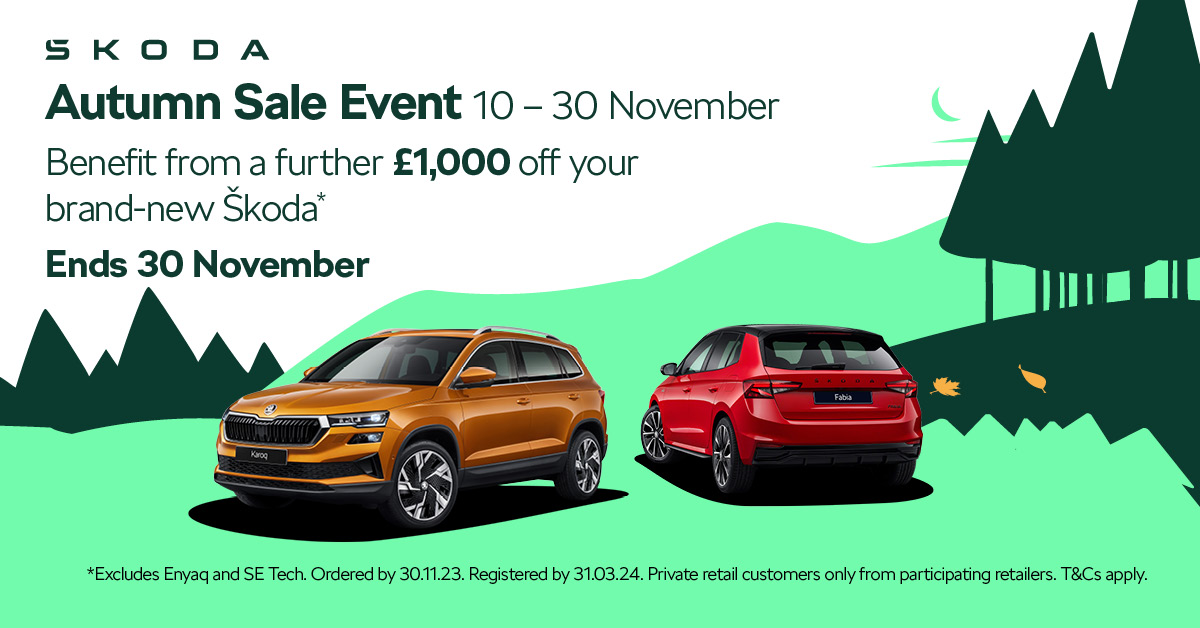 🍂 Don't miss out on the final opportunity to benefit from a further 1,000 off your new Škoda! Our Autumn Sale Event ends on 30th November.

👉 ow.ly/6evU50Q9Wi9
