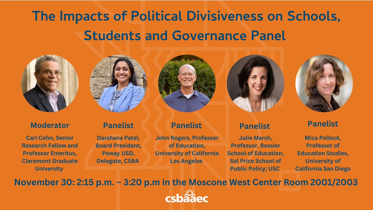 CentralValleyEd's tweet photo. Mark your calendar for Nov. 30th 2:15pm for a discussion about political divisiveness' impact on education. We will hear from @carlcohn, @IAmDarshPatel, Josh Rogers of @UCLACollege, @juliemarsh, and Mica Pollock of @UCSanDiego at the Moscone West Center, Room 2001/2003 @CSBA_Now https://t.co/oYZMrDNHjz