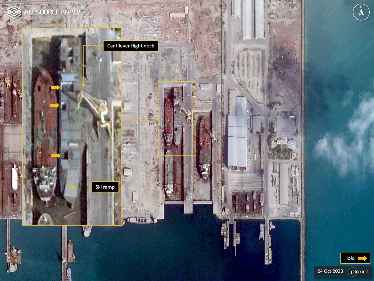 GEOINT analysis of Iran Shipbuilding and Off-Shore Industries construction area on 24 October 2023, revealed progress to convert a former cargo ship (Perarin) into an aircraft carrier. bit.ly/2oeCGCj #GEOINT #Geospatial #Intelligence #Iran #AircraftCarrier