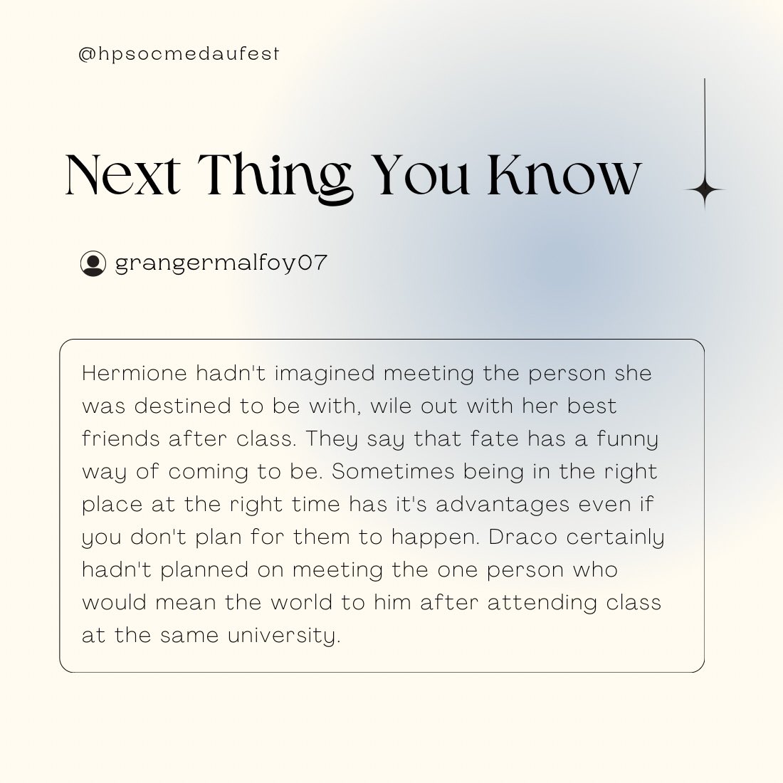 ⭐️ REVEALS DAY SEVEN ⭐️

Next Thing You Knoe
by @grangermalfoy07

archiveofourown.org/works/51219286…