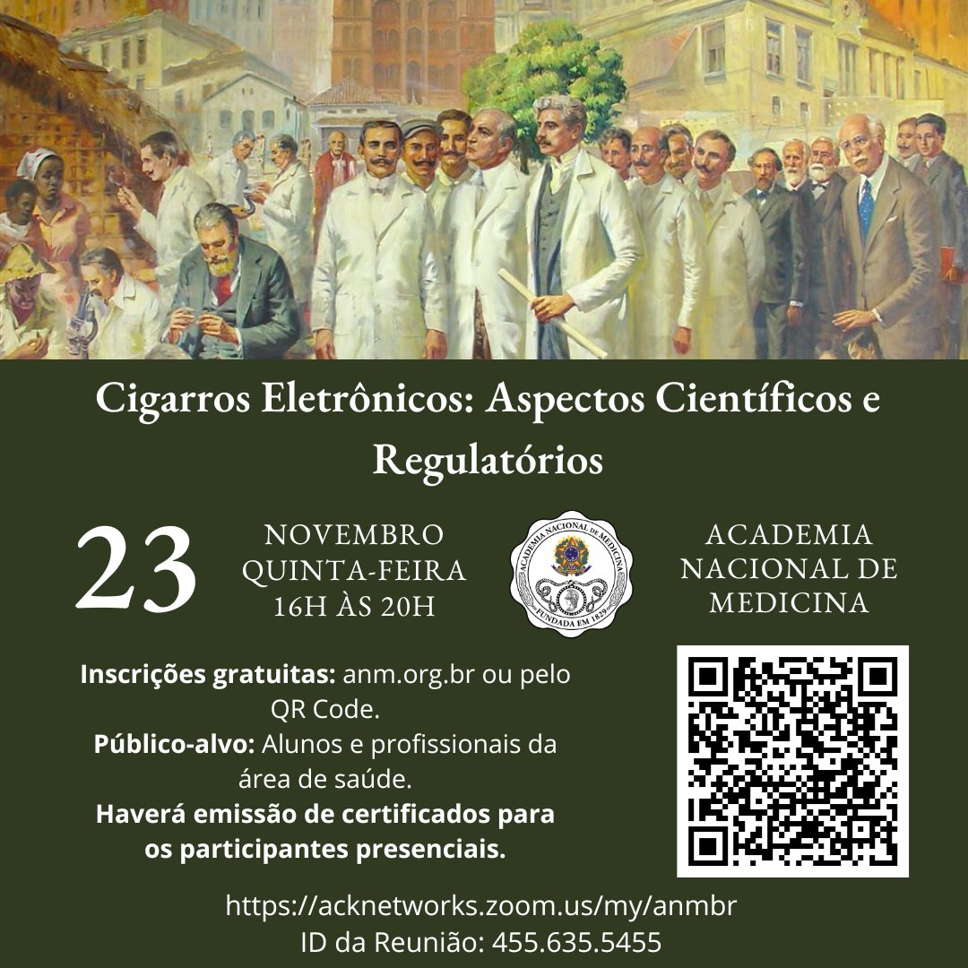 acadnacmed (@acadnacmed) on Twitter photo Cigarros Eletrônicos: Aspectos Científicos e Regulatórios
23 de novembro de 2023
Horário: 16h às 20h
Emissão de certificados para os participantes presenciais do evento. Para se inscrever, acesse o link: anm.org.br/cigarros-eletr…
ID da Reunião: 455.635.5455
#saude #medicina Cigarros Eletrônicos: Aspectos Científicos e Regulatórios
23 de novembro de 2023
Horário: 16h às 20h
Emissão de certificados para os participantes presenciais do evento. Para se inscrever, acesse o link: anm.org.br/cigarros-eletr…
ID da Reunião: 455.635.5455
#saude #medicina