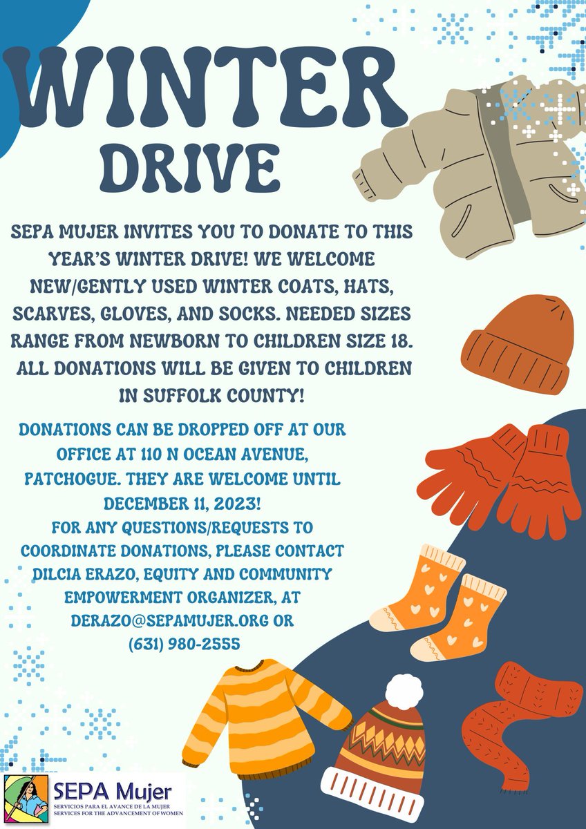 ¡El invierno se acerca! Le invitamos a donar a nuestra colecta anual de ropa de invierno. Se aceptarán donaciones hasta el 11 de diciembre de 2023. ¡Gracias a todos y manténganse calientes!