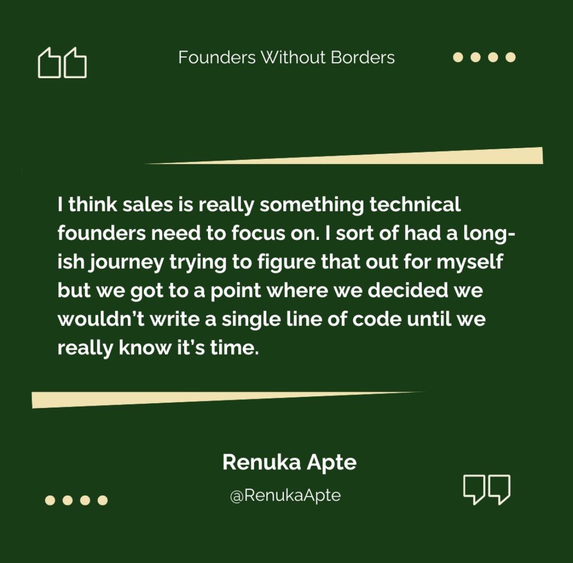 Founders Without Borders (@foundersglobal) on Twitter photo Listen to <a href="/RenukaApte/">Renuka Apte</a> from Clockwork talk about her journey trying to figure out what the right thing to build was.
Full episode here 👇
Spotify: lnkd.in/gdgwd_bA
Apple Podcasts: lnkd.in/g7kgGpMB
Google Podcasts: lnkd.in/gZbZFRzx Listen to <a href="/RenukaApte/">Renuka Apte</a> from Clockwork talk about her journey trying to figure out what the right thing to build was.
Full episode here 👇
Spotify: lnkd.in/gdgwd_bA
Apple Podcasts: lnkd.in/g7kgGpMB
Google Podcasts: lnkd.in/gZbZFRzx