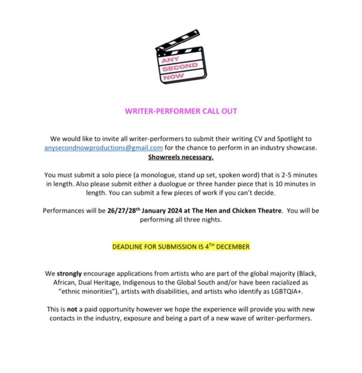 WRITER-PERFORMER CALL OUT!!!

Send in your work to Any Second Now for a chance to be in our January showcase! Details below and deadline 4th December!