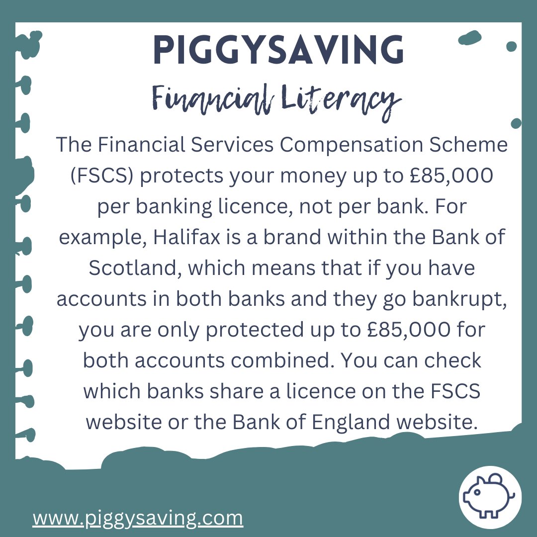 piggysaving's tweet photo. The Financial Services Compensation Scheme (FSCS) protects your money up to £85,000 per banking licence, not per bank.  #savingoptions #fscs  #financialliteracy https://t.co/eXZxcbbrDm