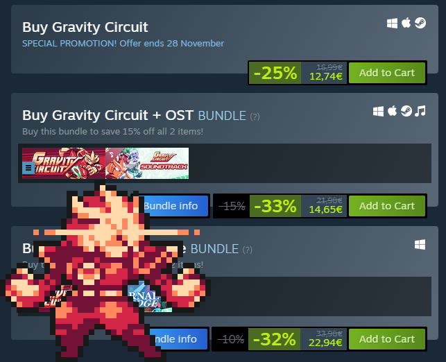 📣Attention! 📣
Gravity Circuit and other <a href="/PID_Games/">PID Games</a> are participating in Steam's autumns sale, 25% off, until Nov 28th!

Steam page:
store.steampowered.com/app/858710/Gra…

In addition, we invite you to nominate Gravity Circuit for Best Soundtrack in Steam awards!
store.steampowered.com/news/app/85871…