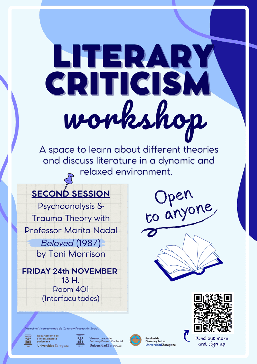 FiloInglesaUZ's tweet photo. We come back with the 2nd session of #LiteraryCriticismWorkshop, this time with professor Marita Nadal.

📆 Friday 24, 13:00
📍Room 401 #Interfacultades
 
📖 We'll talk about Trauma theory &amp; psychoanalysis in the novel Beloved by Toni Morrison. Don't miss it! https://t.co/wVXJluk1XK